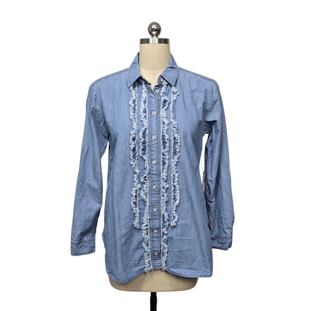 Pilcro Anthropologie Denim Ruffle Button Down Shirt Blue Size Small Frayed Trim - Picture 2 of 9